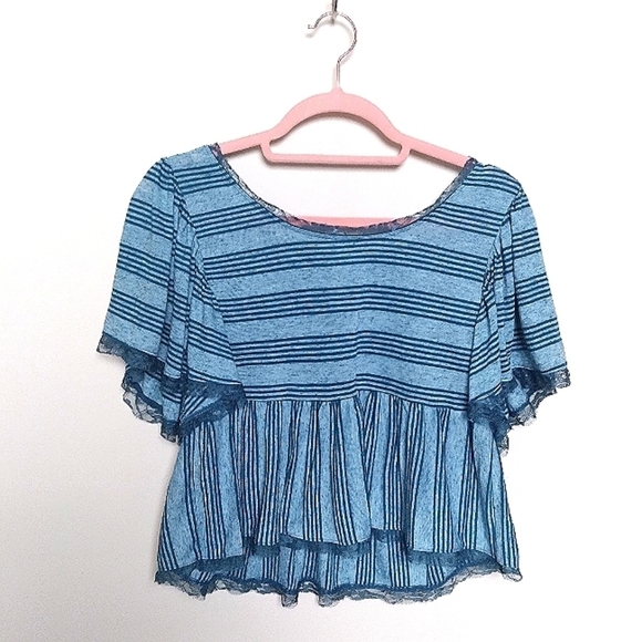 Free People Blue Striped Linen Blend Peplum Hem Cropped Blouse Size XS - Picture 1 of 8
